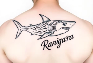 tribal shark with Rangiroa text on the back tattoo idea