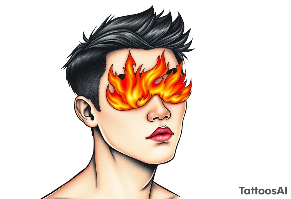 Handsome Asian young guy with flame instead of eyes tattoo idea