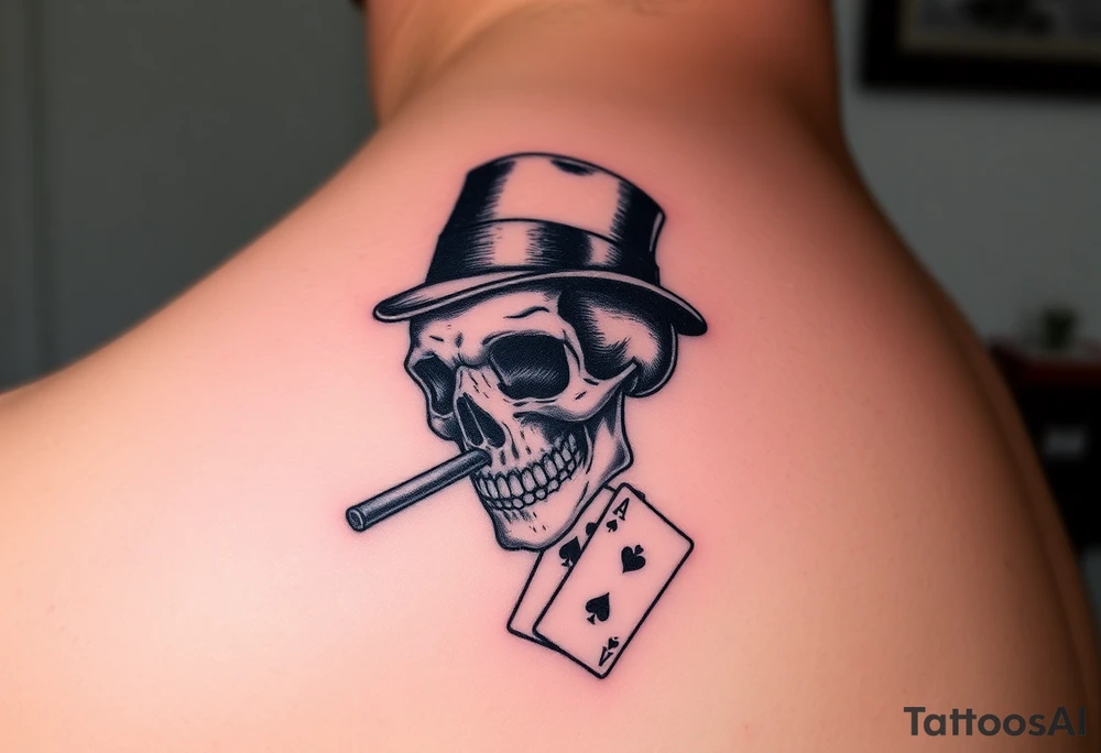 skull with top-hat,cigar in his mouth and playing cards. tattoo idea