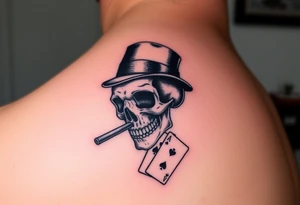 skull with top-hat,cigar in his mouth and playing cards. tattoo idea