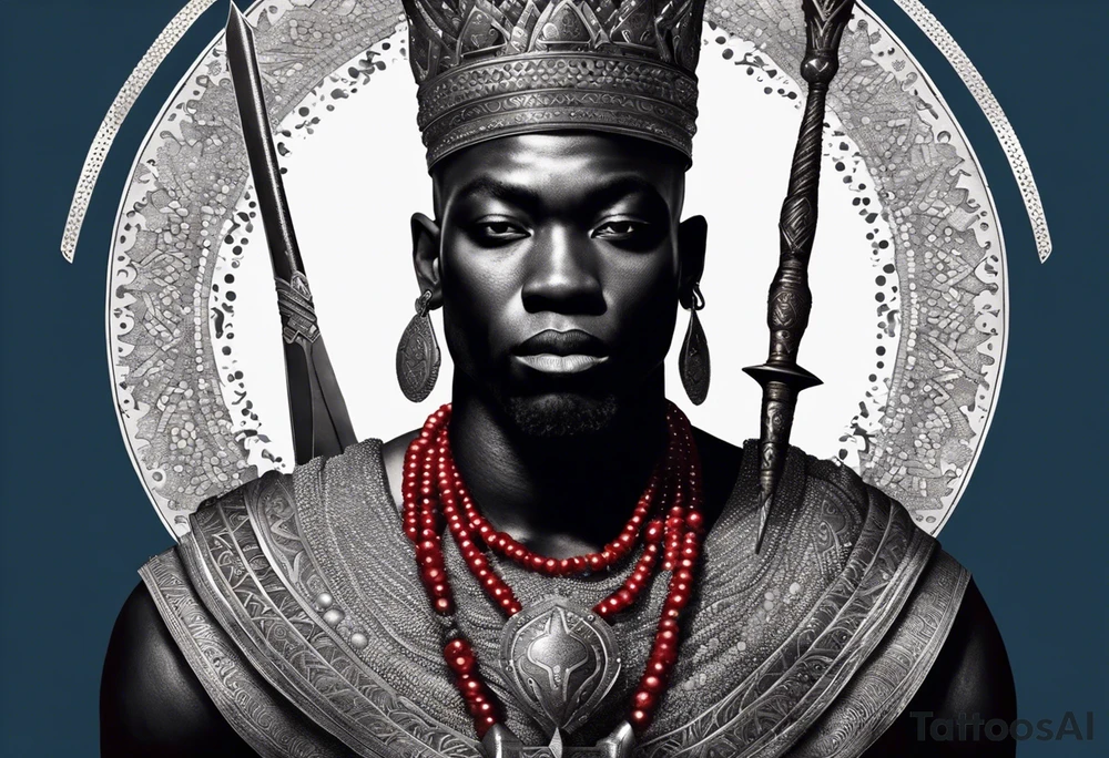 An african god, a bald black-skinned warrior, that uses a sword and a silver crown. He also uses blue and red necklaces tattoo idea