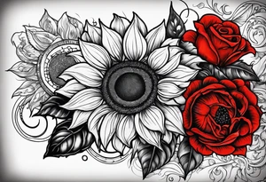 Sunflower and roses with the name Arianna in red scrip letters and “you are my sunshine” tattoo idea