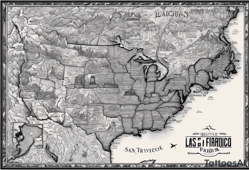 Roadtrip trough California on a Map.
Stops are: San Francisco, Yosemite Park, Death Valley, Las Vegas, Grand Canyon, Joshua Tree, Los Angeles and San Diego.
Erase all the other streets tattoo idea