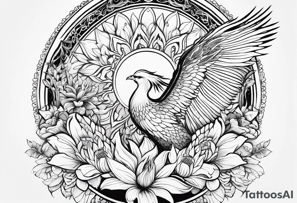 Woman's sleeve tattoo, tribal, bohemian, negative lace, ancient symbolism with Phoenix rising, mandala sun, beautiful flowers, lilies tattoo idea