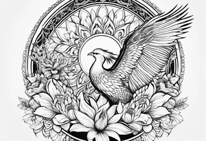 Woman's sleeve tattoo, tribal, bohemian, negative lace, ancient symbolism with Phoenix rising, mandala sun, beautiful flowers, lilies tattoo idea