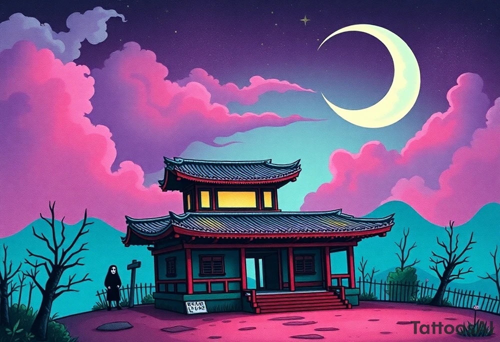 Tim Burton’s haunted pastel Tokyo shrine is abandoned except for one lone samurai ghost and dripping with muted reds, dusty pinks, and eerie green glow.purple and cyan smokey clouds swirl in the crescent moonlit sky thats sprinkled with stars tattoo idea tattoo idea