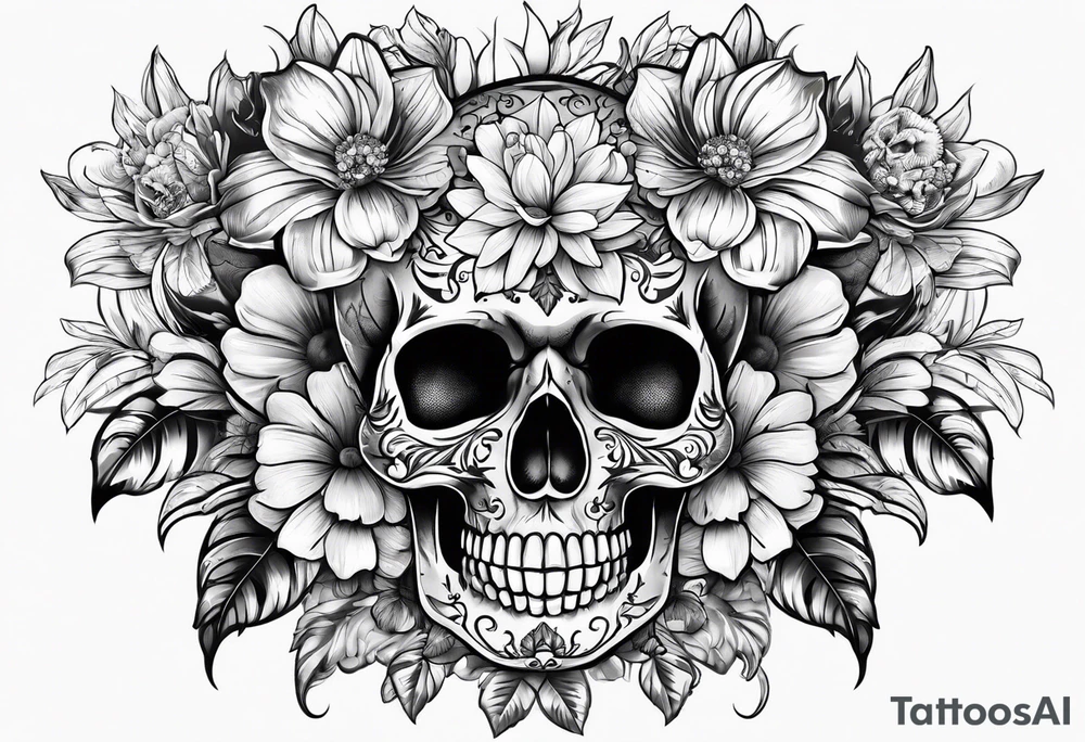 lot of flowers, skulls and bong tattoo idea
