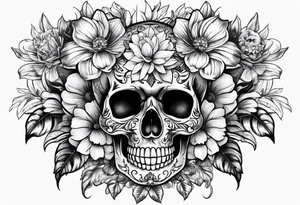 lot of flowers, skulls and bong tattoo idea