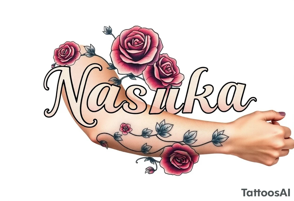 the word Nashika with roses tattoo idea