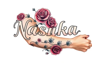 the word Nashika with roses tattoo idea