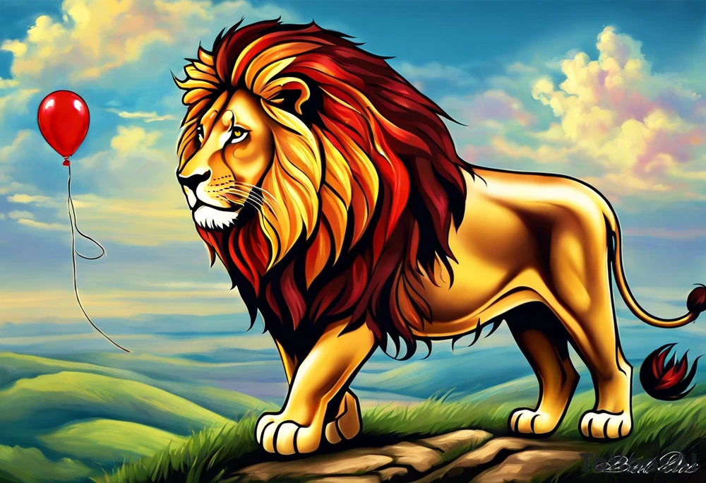 tattoo design should be in the layout of the famouse picture"small princ"  where it should remind me that I survived,and my life was saved by my husband, and he should be represented in the tattoo as a young lion holding a balloon held in the muzzle.
The baloon which is red and in Hearth shape. The whole body of lion should be visible and more abstract not so realistic.The lion is holding the string of the baloon in the muzzle. The string from the balloon should have a heartbeat pulse.The baloon should be red colored, and the rest of the image should be black only. tattoo idea