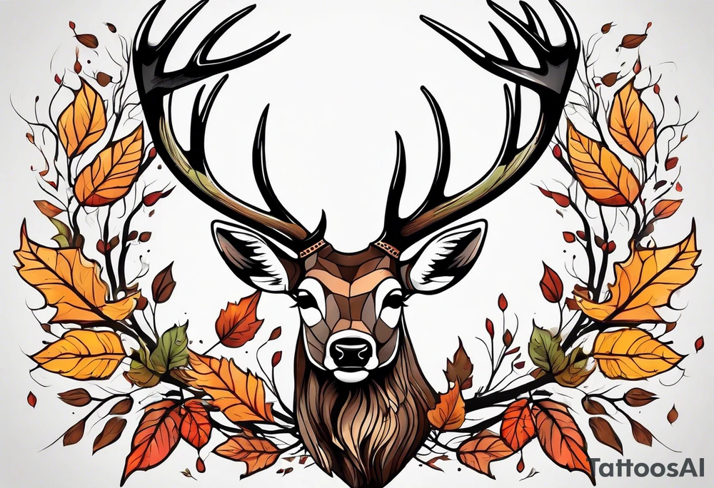 deer antlers flying away in leaves tattoo idea