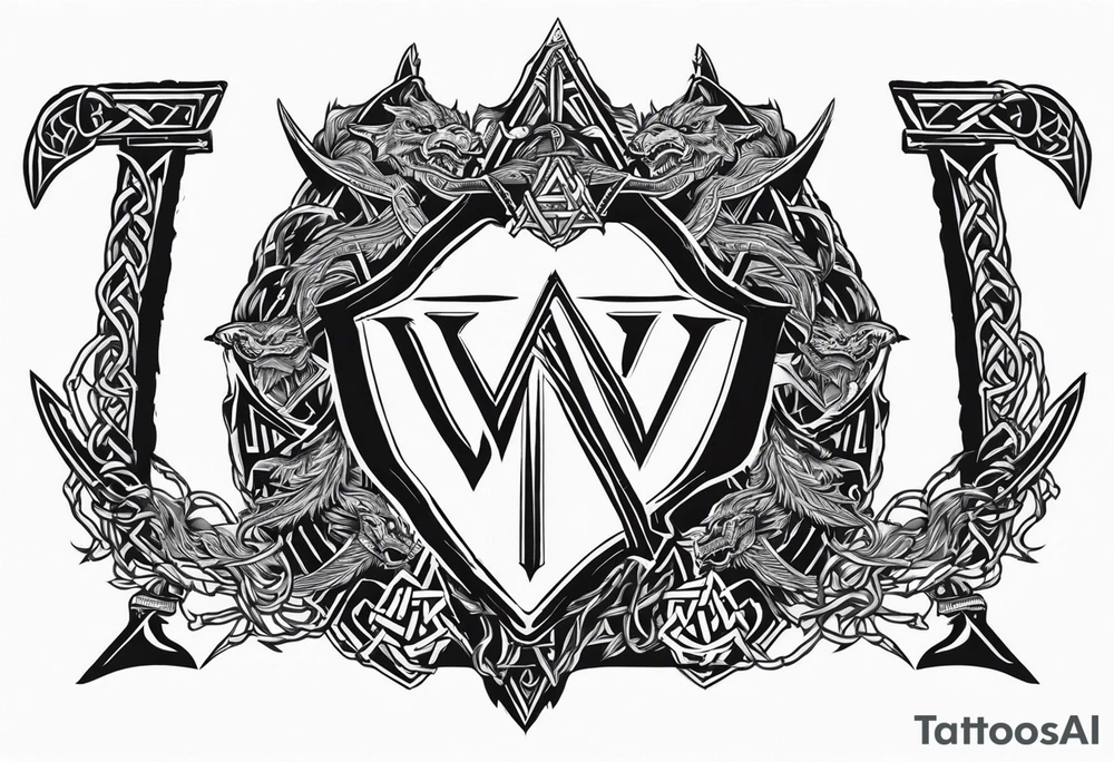 Valhalla sword shield dragon axe Valknut barbed wire chains tattoo idea
