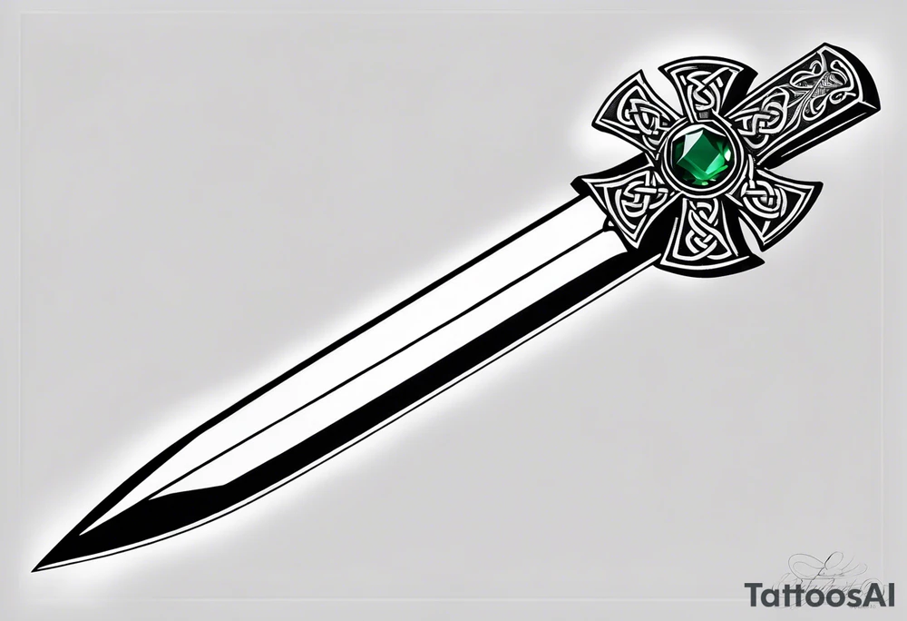 A Celtic athame dagger with the hilt turned upward and an emerald gemstone on the hilt not on the blade tattoo idea