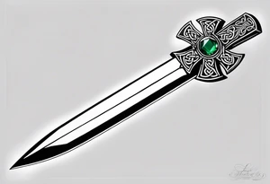 A Celtic athame dagger with the hilt turned upward and an emerald gemstone on the hilt not on the blade tattoo idea