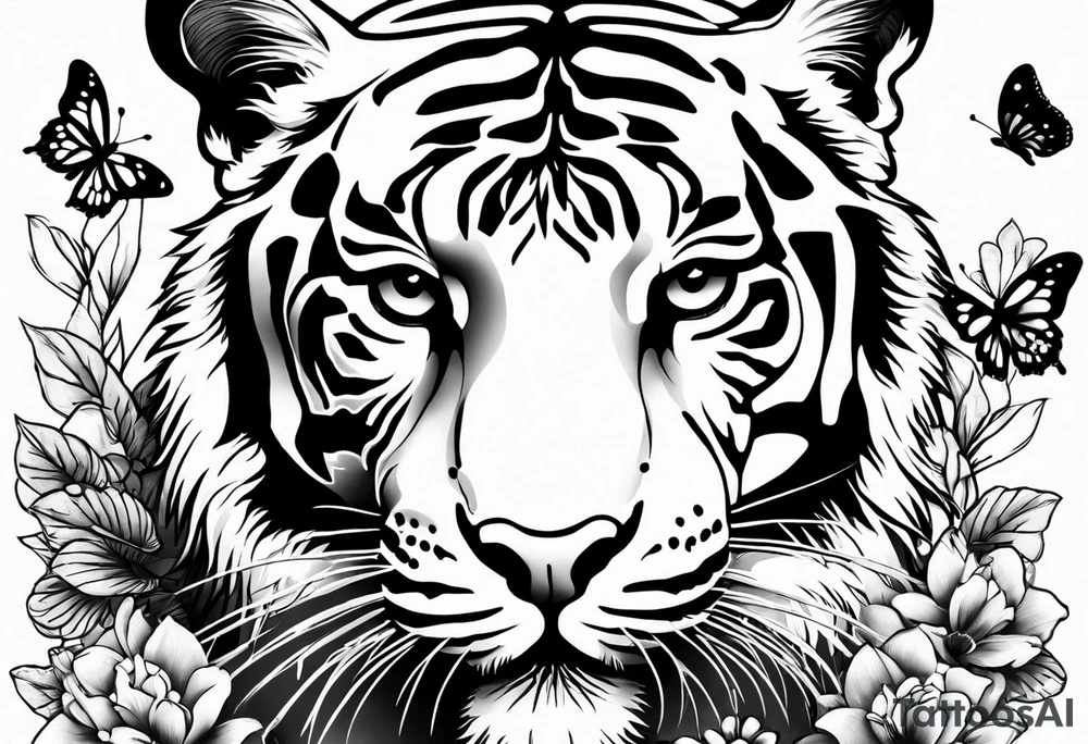 tiger, 3 buterflies, flowers tattoo idea