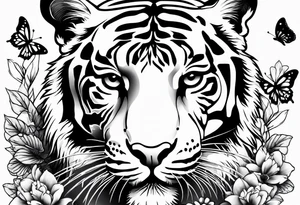 tiger, 3 buterflies, flowers tattoo idea