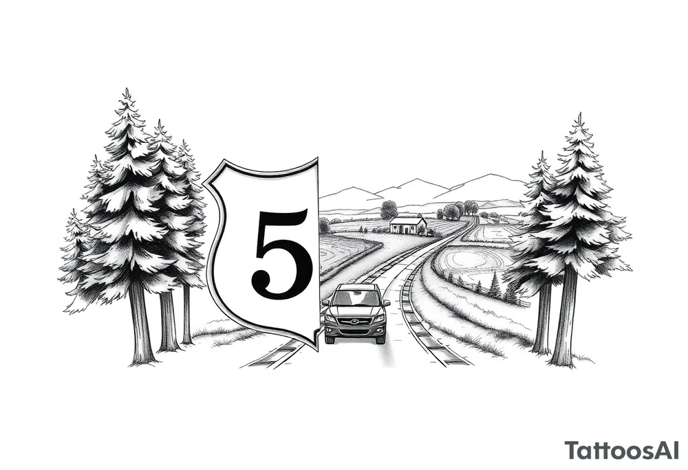 small State Route sign 558, with trees all around and a farm in background, road with a car scenic tattoo idea
