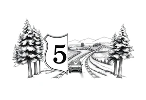 small State Route sign 558, with trees all around and a farm in background, road with a car scenic tattoo idea