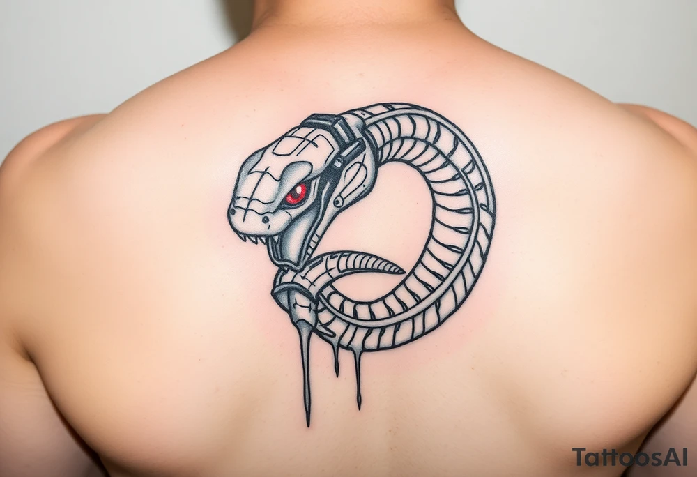 A Cybernetic Snake Biting Its Own Tail (Ouroboros Style)
The classic ouroboros but partially robotic, its fangs dripping neon coolant.
Could be wrapped around a futuristic engine or a broken motherboard.
Eyes flickering between red error codes and reptilian slits. tattoo idea