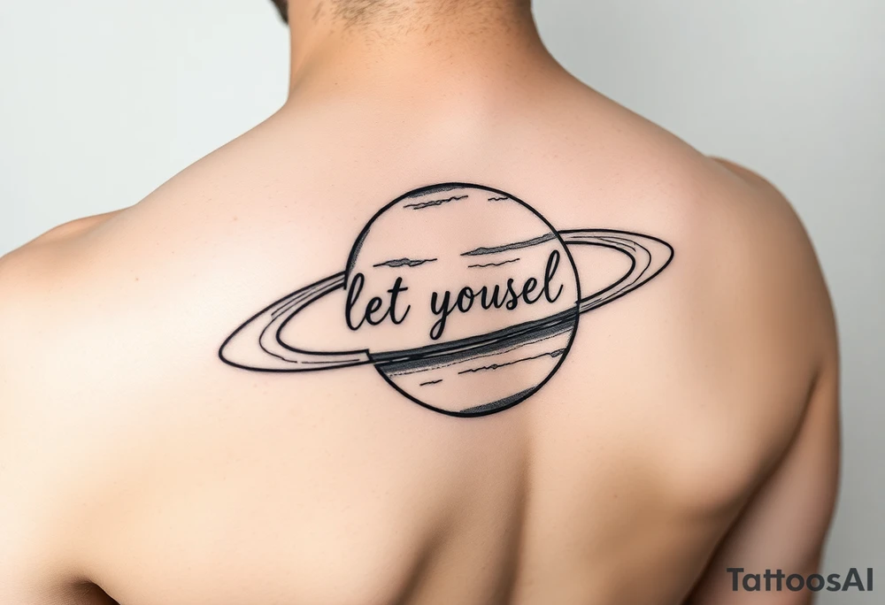 Minimalistic saturn planet, but the text «let yourself» is placed inside saturns rings tattoo idea