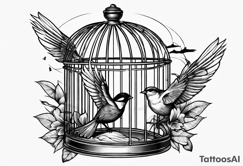 An open birdcage, with a bird flying out, on the Oregon 
beach tattoo idea