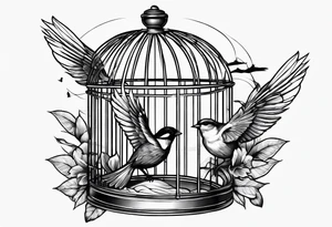 An open birdcage, with a bird flying out, on the Oregon 
beach tattoo idea