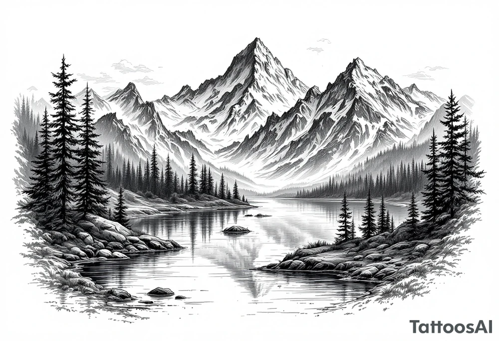 large lake with multiple mountians tattoo idea