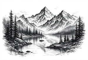 large lake with multiple mountians tattoo idea