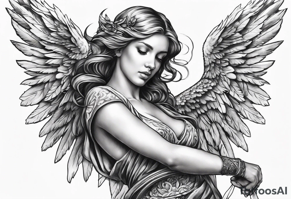 Angel pulling arm back tattoo idea