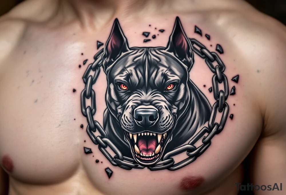 Pitbull snarling inside a broken chain circle, gray and black tattoo with metallic shading on the chains and red eyes for intensity. tattoo idea