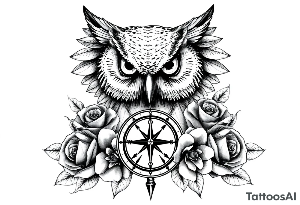 an owl,compass,roses, tattoo idea