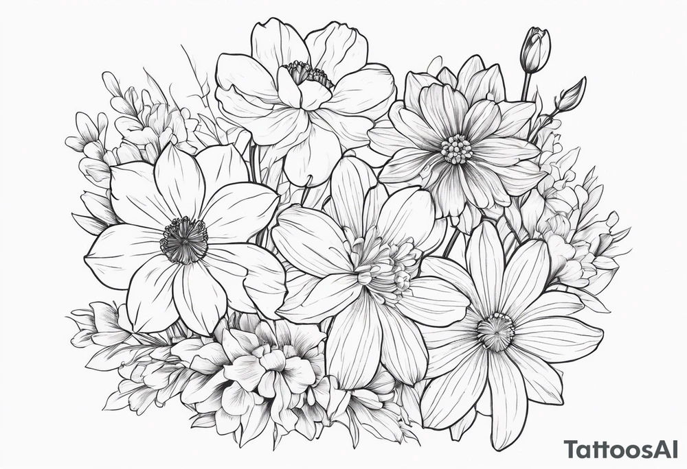 Narcissus, Chrysanthemum,
Cosmos, snow drop that shows all the flower stems for the back of the arm. Fine line. In a flower bouquet tattoo idea