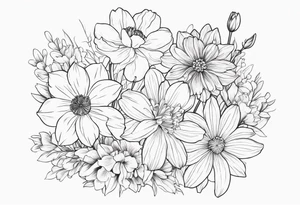 Narcissus, Chrysanthemum,
Cosmos, snow drop that shows all the flower stems for the back of the arm. Fine line. In a flower bouquet tattoo idea