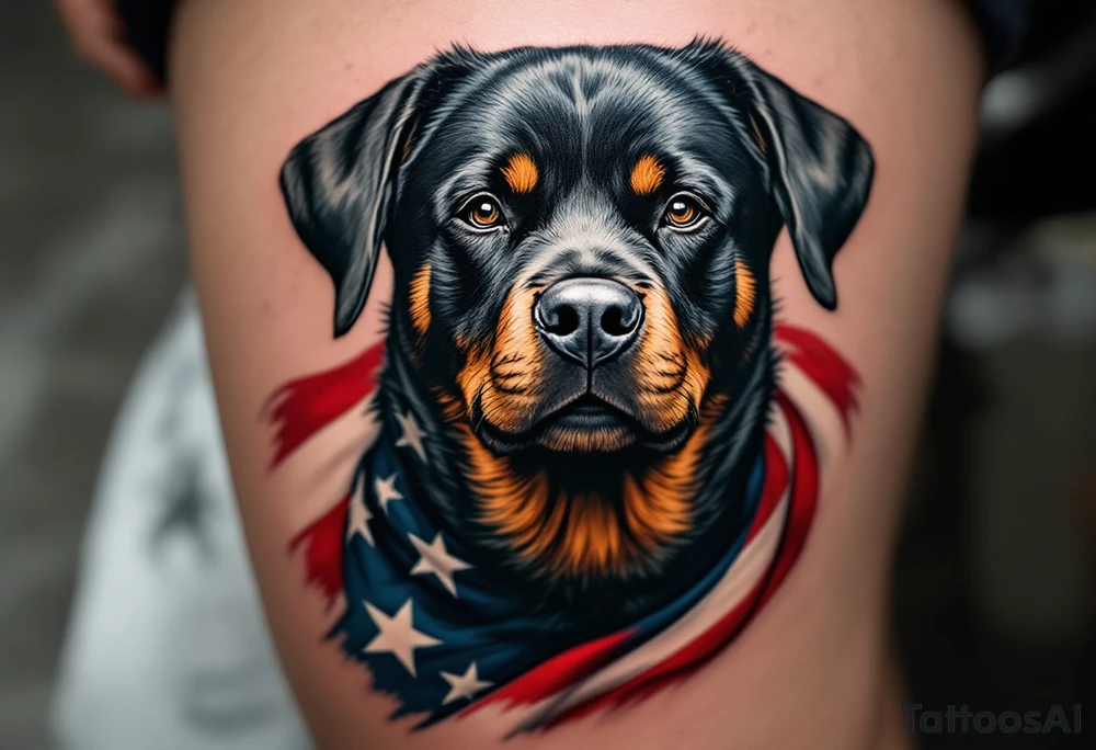 Rottweiler and American Flag – A patriotic Rottweiler with the American flag draped behind it in faded red, white, and blue. Use black and grey fur with selective color. tattoo idea