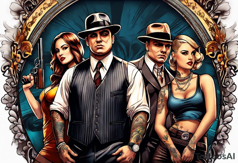 group of gangsters  with bonnie & clyde with Al Capone and machine gunns with smoke and fire and sexy females tattoo idea