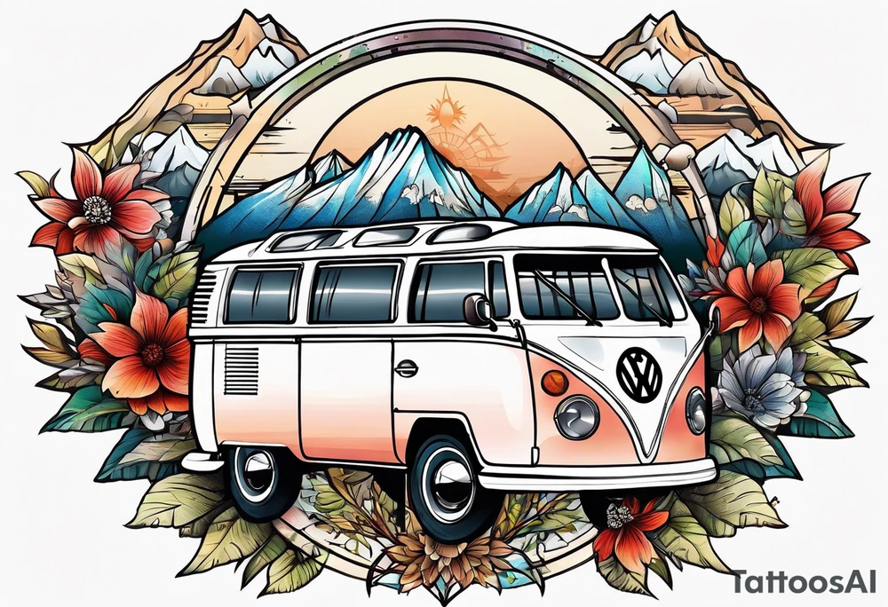 directional Compass rose, mountains and VW Komi campervan tattoo idea