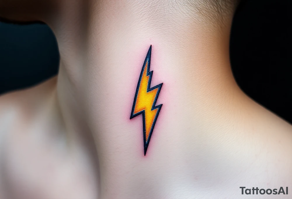 A bold, electrifying lightning bolt tattoo, designed with sharp, angular edges and a dynamic, jagged shape. The bolt glows with an intense yellow core, fading into blue at the edges. tattoo idea