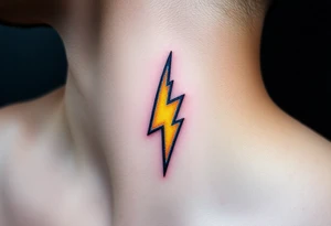 A bold, electrifying lightning bolt tattoo, designed with sharp, angular edges and a dynamic, jagged shape. The bolt glows with an intense yellow core, fading into blue at the edges. tattoo idea