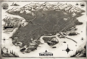 A overview old school map of vancouver B.C with water drop staining and major roadways highlighted with honeycomb tattoo idea