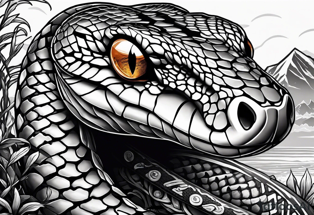 black and white drawing of a snake head with copper eyes an open mouth with mountain bike tire tread for body tattoo idea