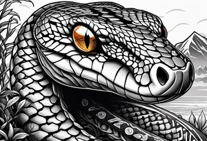 black and white drawing of a snake head with copper eyes an open mouth with mountain bike tire tread for body tattoo idea