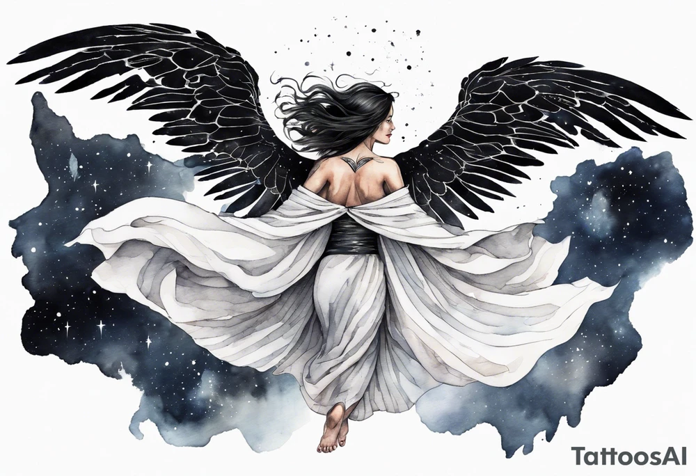 a beautiful 45 year old woman flying in the night sky with black wings, wearing a black and white cloak, bare feet tattoo idea