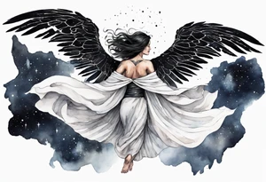 a beautiful 45 year old woman flying in the night sky with black wings, wearing a black and white cloak, bare feet tattoo idea