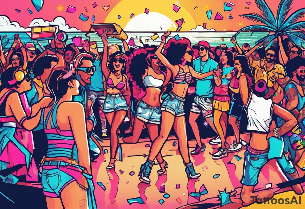 1980's style dance party with boom box and confetti in a beach theme. include people in 80's miami beach clothes, music note. tattoo idea