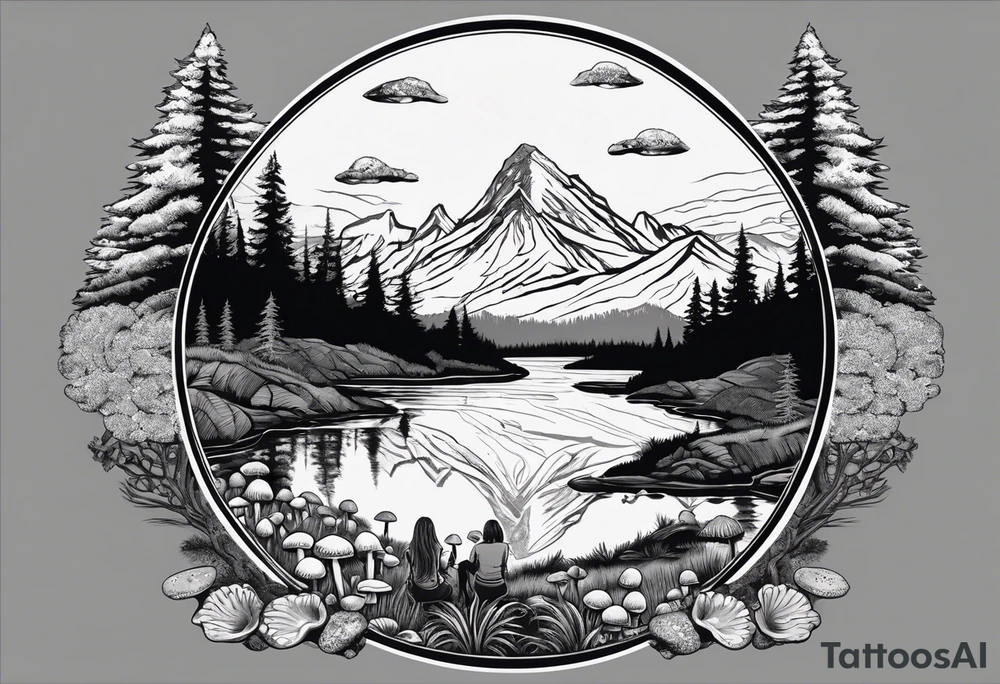 Whole picture encircled fully

Straight long blonde hair hippie girl in distance holding mushrooms in hand facing away toward mountains and creek surrounded by mushrooms long sleeve shirt and hiking pants; whole rendering within a full circle, no cut off circle tattoo idea
