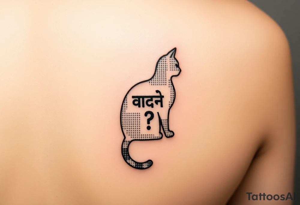 "Minimalist black tattoo of a quantum cat. Design elements:  
1. Outline made of binary code (alternating 0 and 1, crisp 1.5mm lines)  
2. Negative space inside body reveals hidden Sanskrit text ('अवलोकन न करें') when tilted  
3. Tail curves into a question mark  

Technical specs:  
- Pure black ink  
- Size: 8x5cm (forearm placement)  
- Style: geometric dotwork with optical illusion  

Philosophical hook: 'The cat only exists when unobserved'" tattoo idea