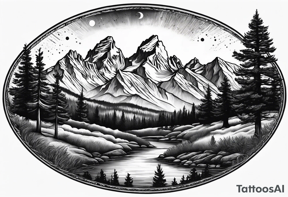 Half sleeve of Teton mountain range, moon In the sky and trees lining the bottom of tattoo tattoo idea