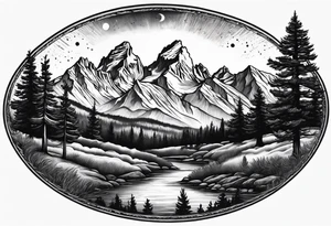 Half sleeve of Teton mountain range, moon In the sky and trees lining the bottom of tattoo tattoo idea