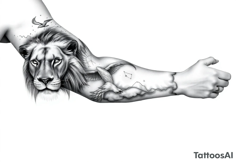 A full sleeve tattoo in black and grey realism, with a majestic lion’s face as the main focal point on the outer forearm. A subtle, ethereal phoenix rising through smoke and ash blends upward toward the upper arm. The background fades into a dreamy night sky with faint stars and the Leo constellation subtly woven in. Incorporate fine-line details and smooth shading to keep it soft and not overly bold. Avoid harsh outlines. Include natural elements like wisps of clouds or faint leaves to tie the design together organically. tattoo idea